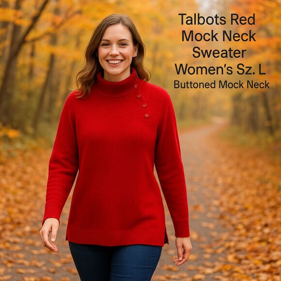 Talbots Red Mock Neck Sweater Women's Sz. L, Buttoned Mock Neck # - Picture 1 of 8